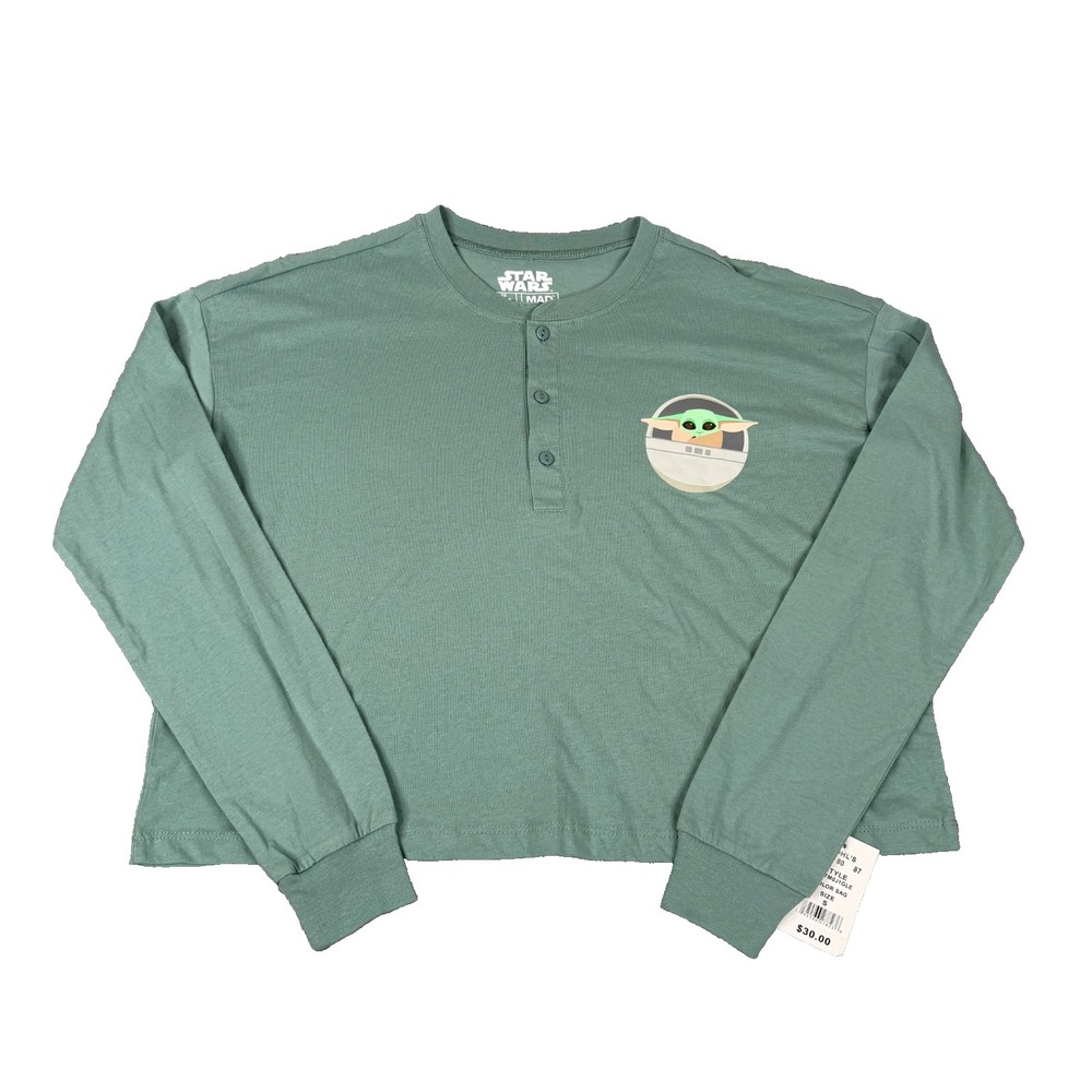 Star Wars Grogu Henley T Shirt Womens S Green Cropped Baby Yoda Mandalorian NWT